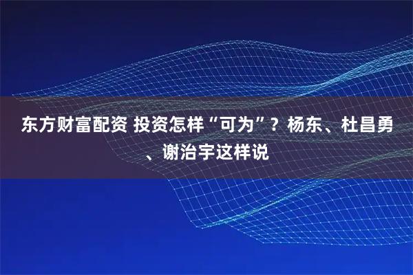 东方财富配资 投资怎样“可为”？杨东、杜昌勇、谢治宇这样说